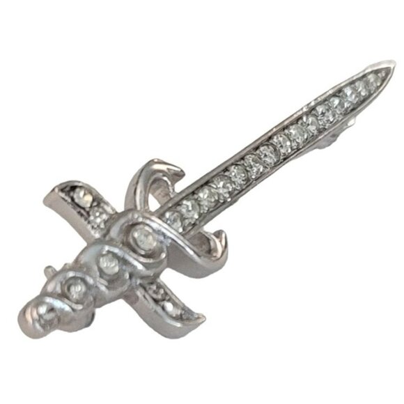 Trifari Crown Over T Vintage Silver Tone Clear Rhinestone SwordBrooch, M1023